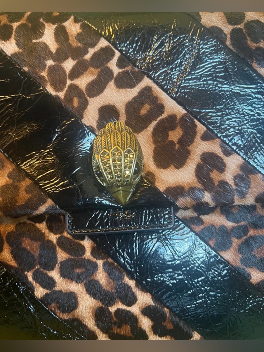 🐆Kurt Geiger Leopard Print & Black Patent Shoulder Bag with Gold Chain & Wallet - Picture 3 of 11